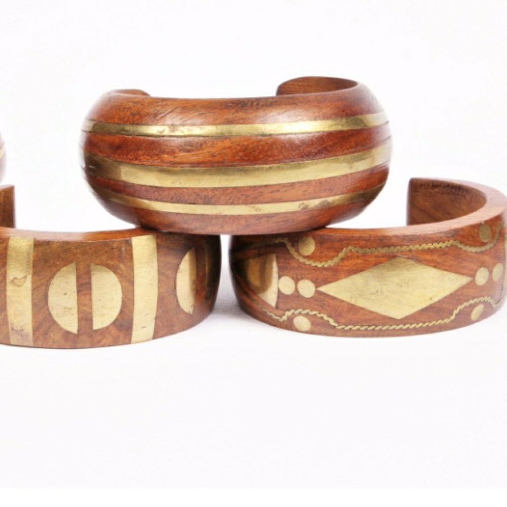 Stunning wood and brass open bangle bracelets